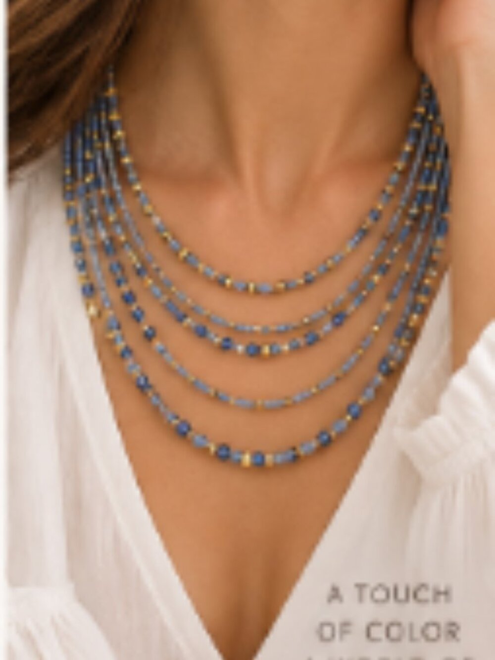 Multi-Strand Blue Beaded Necklace with Gold Tone Accents